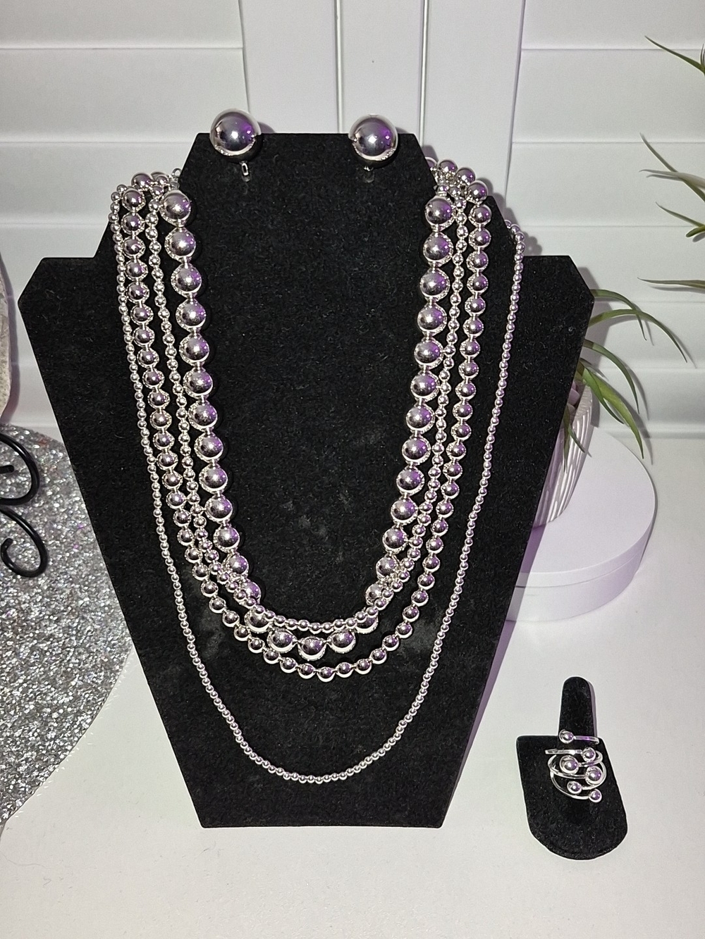 Silver Multi-Strand Beaded Necklace Set with Stud Earrings